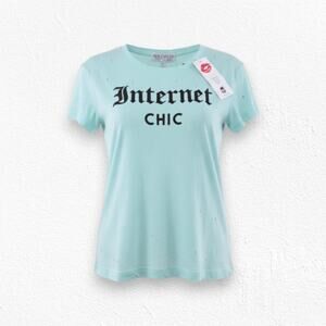 Wildfox Internet Chic Aqua Graphic Tee Size Small NWT Sample Pinhole USA Made